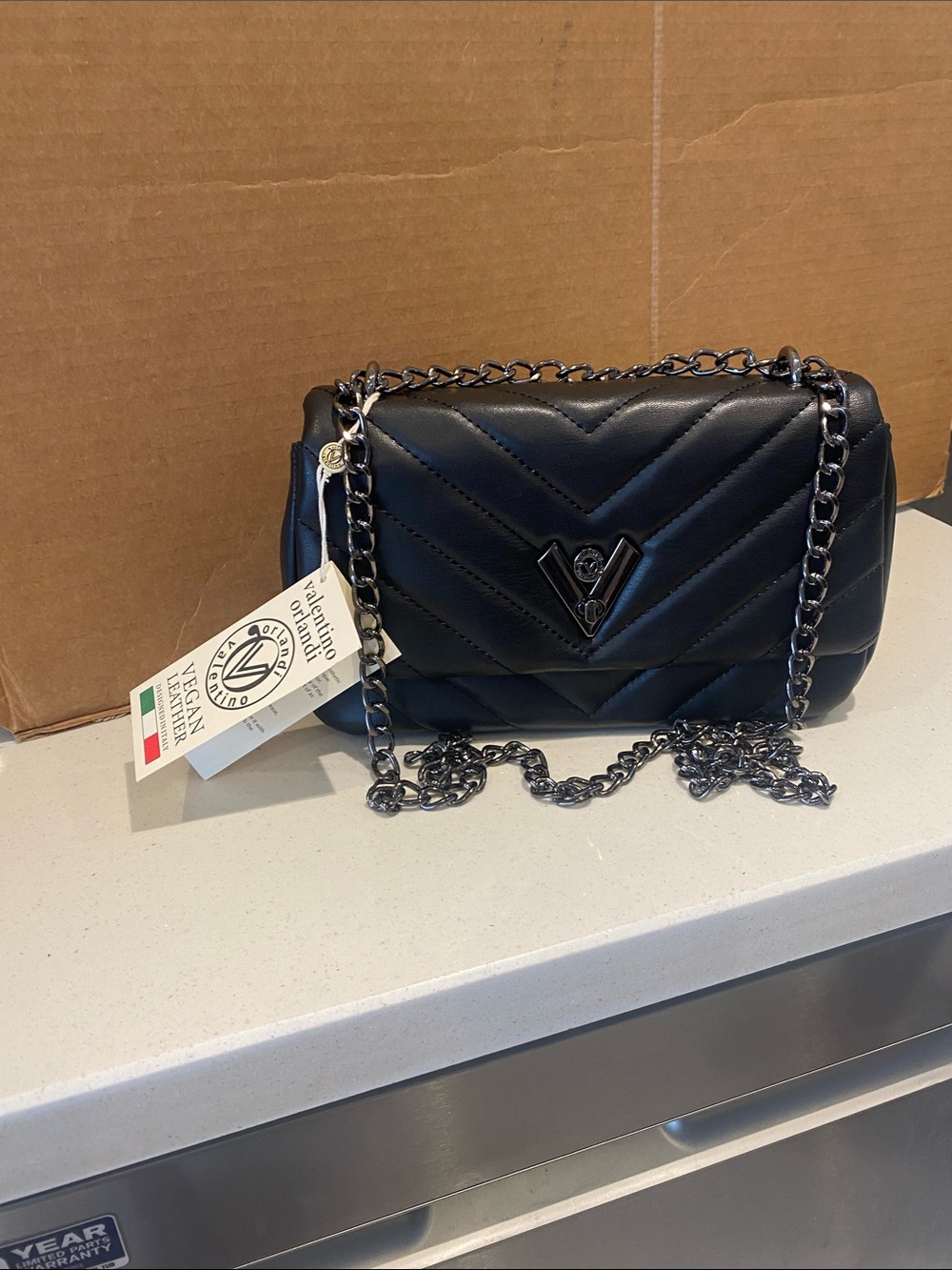 Valentino Orlandi Black Quilted Chain Shoulder Bag with V-Detail